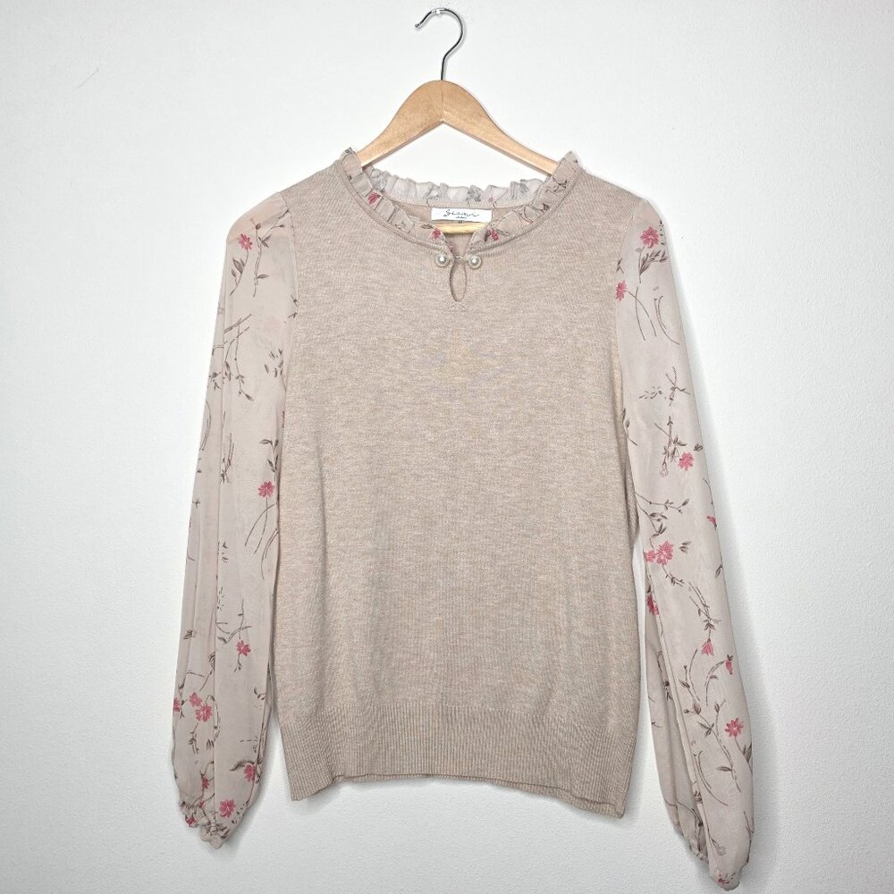 Sioni Milano Mixed Media Floral Sleeve Sweater Pearl Trim Ruffle Knit Top